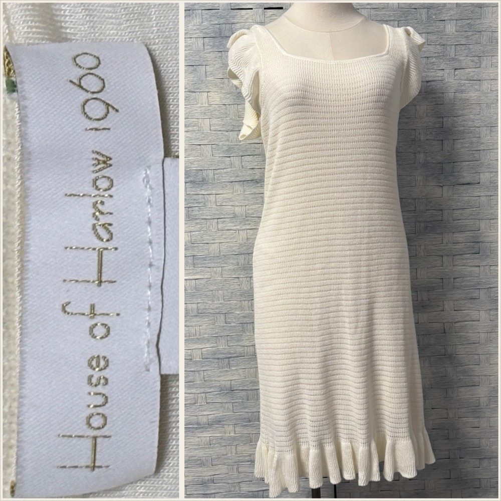 House of Harlow 1960 Medium Knit Square Neck Short Sleeve Midi‎ Dress Cream